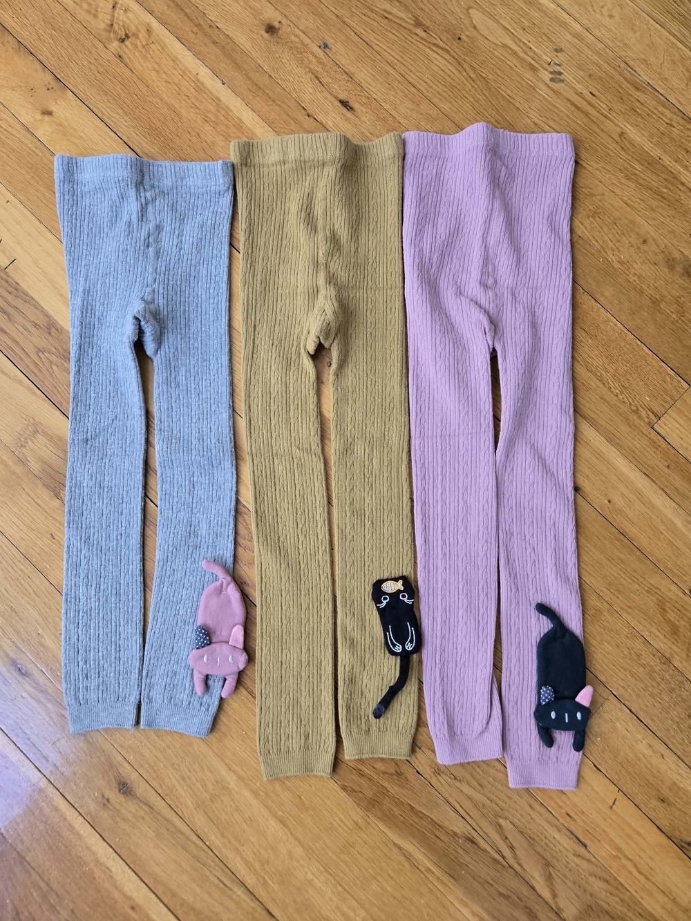Kids Ribbed Tights with Cat Patches - Blue, Tan, Pink